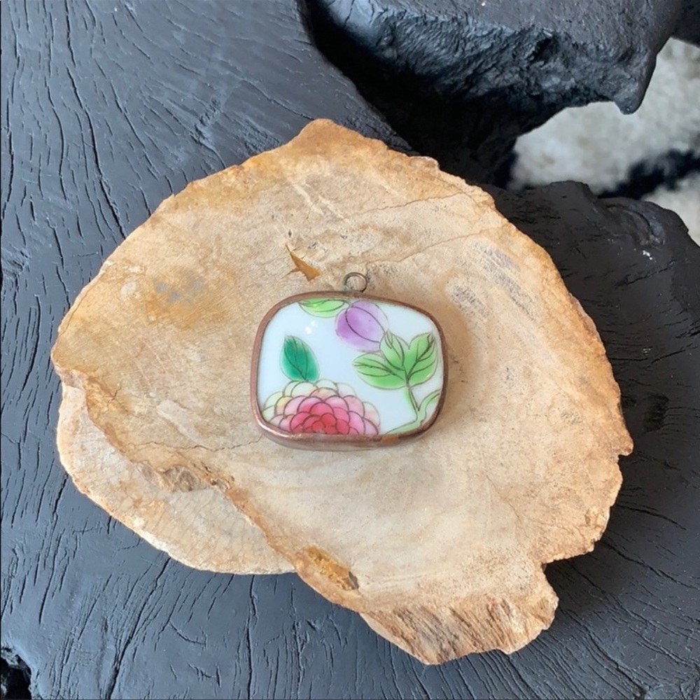 Asian porcelain tile pottery pendant with copper setting